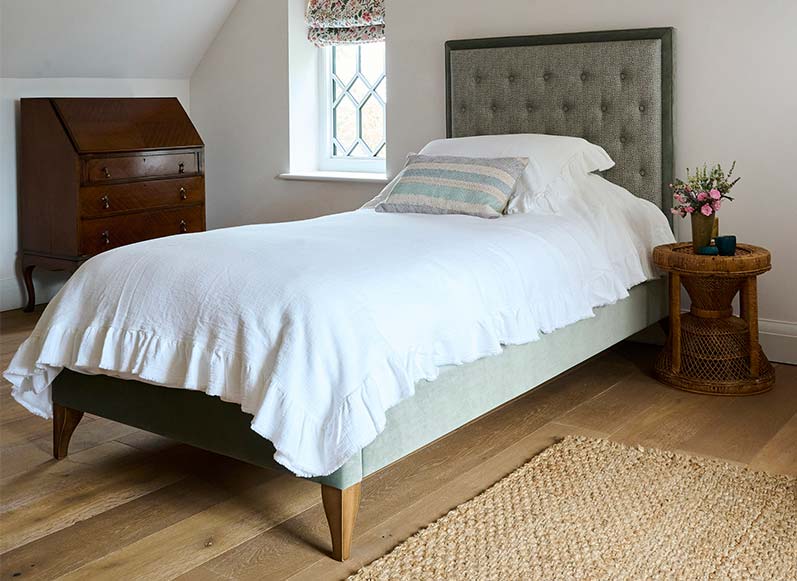 Camden Single Bed in RHS Collection Gertrude Jekyll Lattice Duck Egg and Linwood Omega Velvet Duck Egg